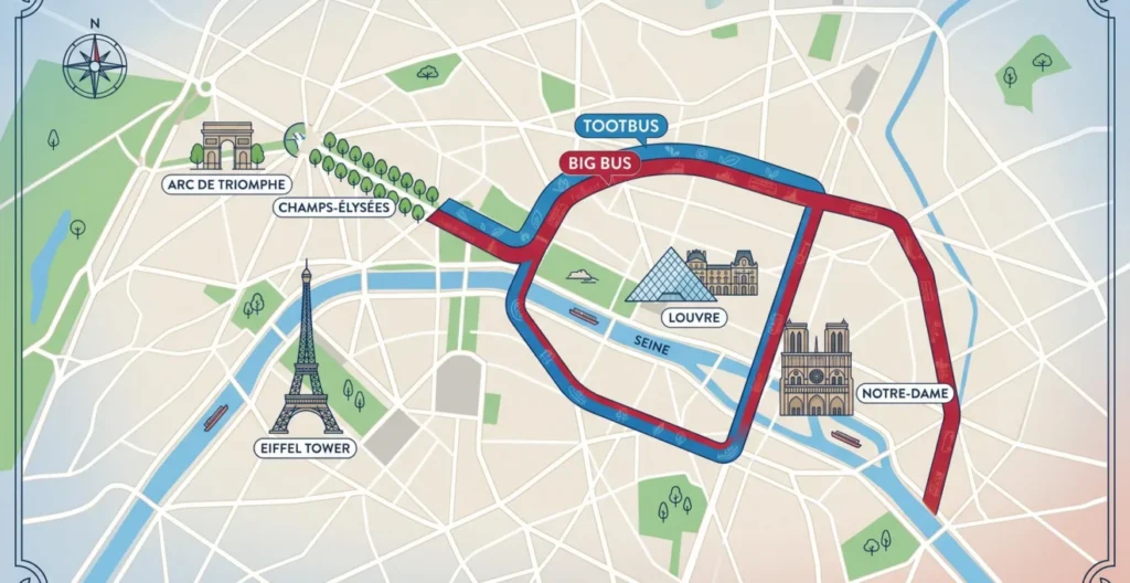 Diagram showing overlapping Paris sightseeing areas served by Tootbus and Big Bus