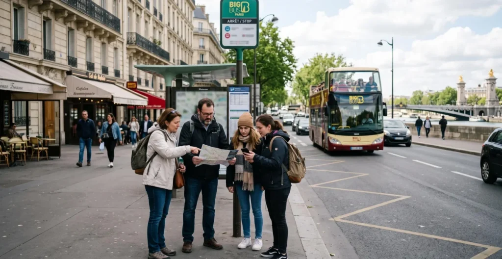 Tourists checking a map and smartphone at a Paris bus stop as a sightseeing bus approaches down the street. Tourists checking a map and smartphone at a Paris bus stop as a sightseeing bus approaches down the street.