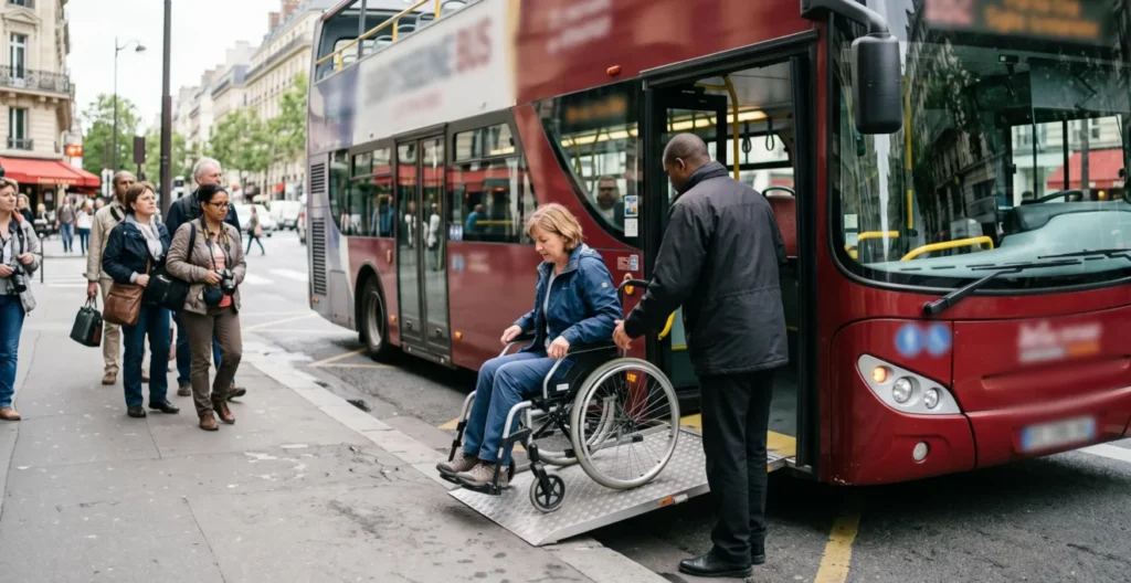 A staff member helping a tourist in a wheelchair board the lower deck of a sightseeing bus at Paris stop. A staff member helping a tourist in a wheelchair board the lower deck of a sightseeing bus at Paris stop.