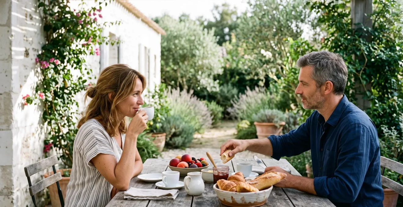 A couple has a quiet breakfast on the private terrace of their villa.