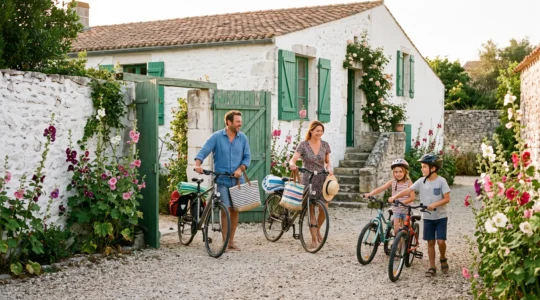 A family arrives with bicycles at their whitewashed private villa on Île de Ré.