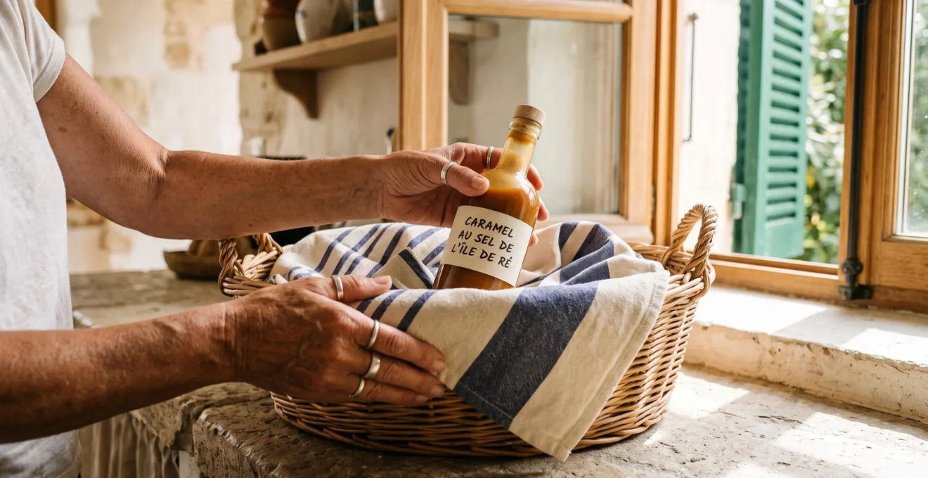 Hands prepare a beach basket on the counter of a bright villa kitchen.