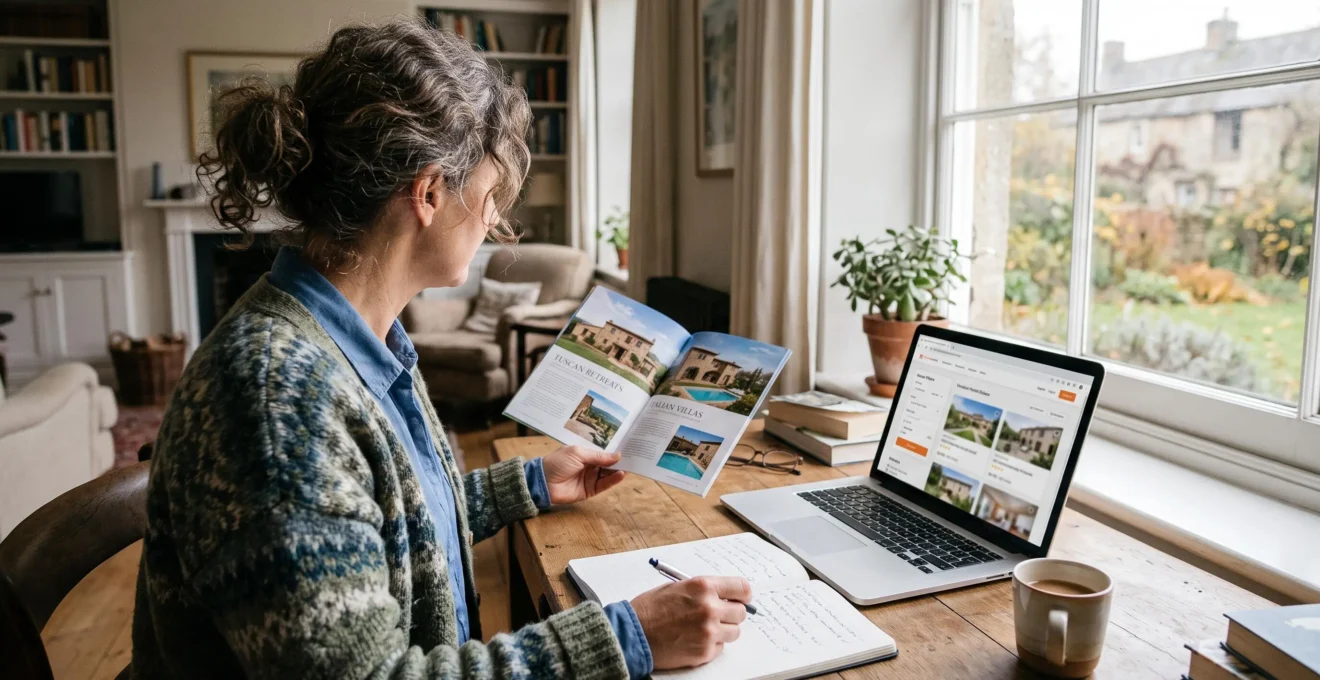 A person compares a printed villa brochure with a booking page on a laptop.
